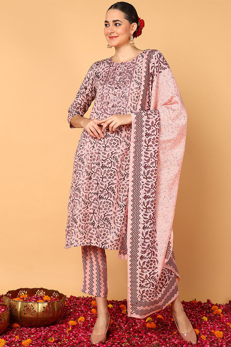 Plus Size Pink Silk Blend Floral Printed Straight Style Suit Set VKSKD1866