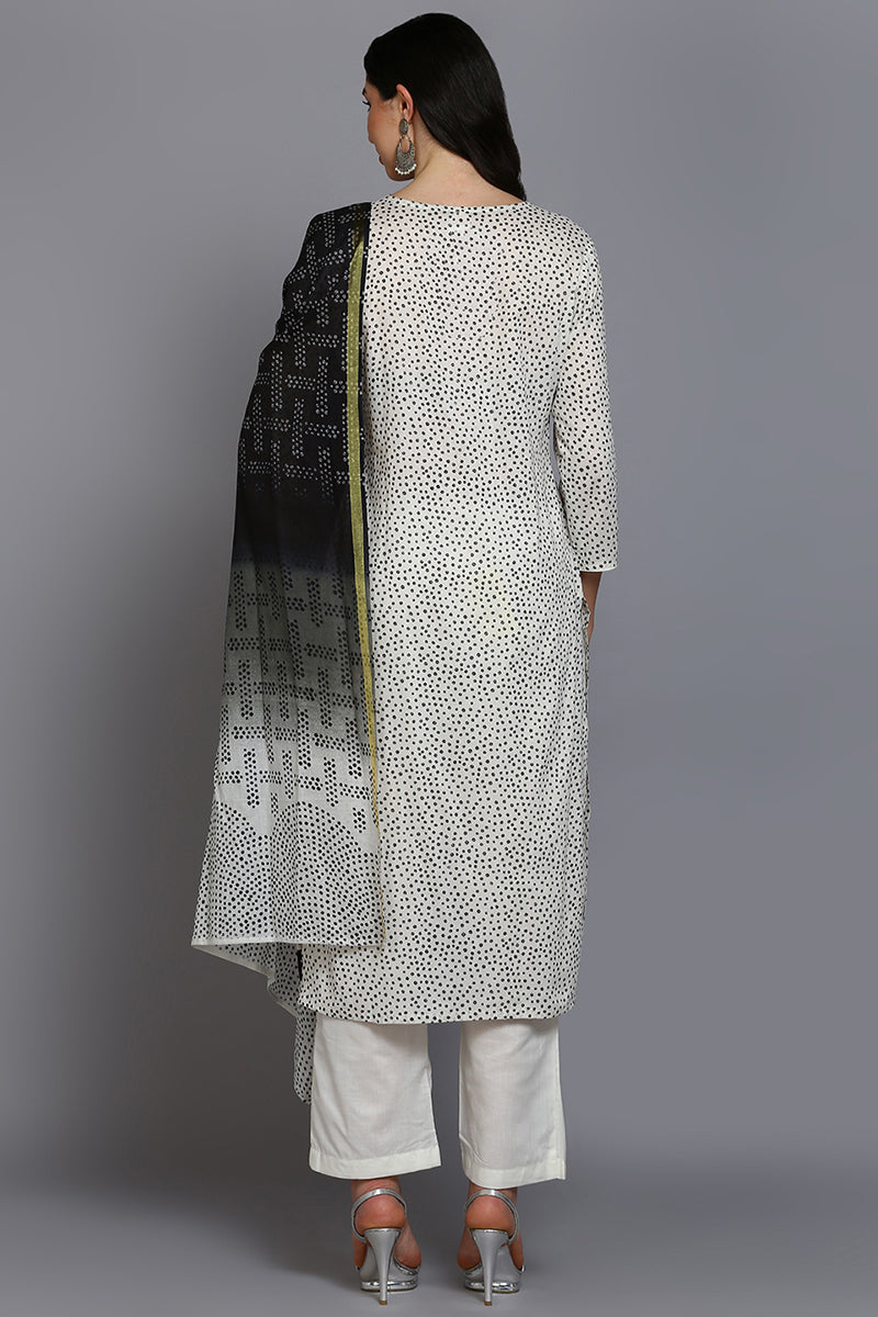 Off White Cotton Bandhani Straight Suit Set VKSKD1870
