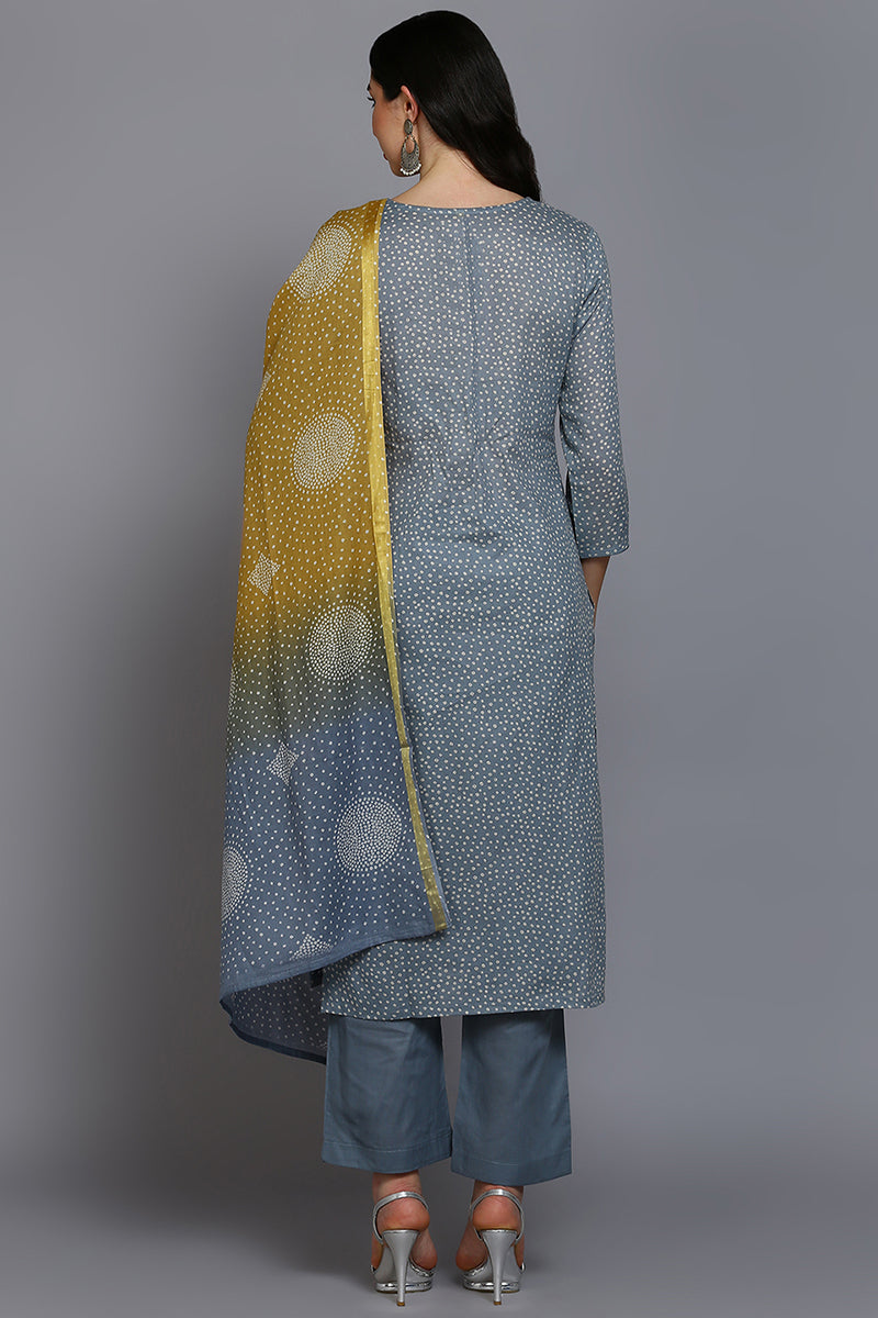 Grey Cotton Bandhani Straight Suit Set VKSKD1873
