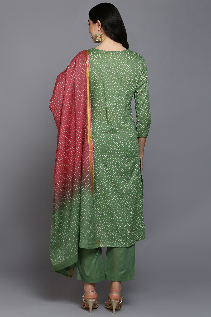 Green Cotton Bandhani Straight Suit Set VKSKD1874