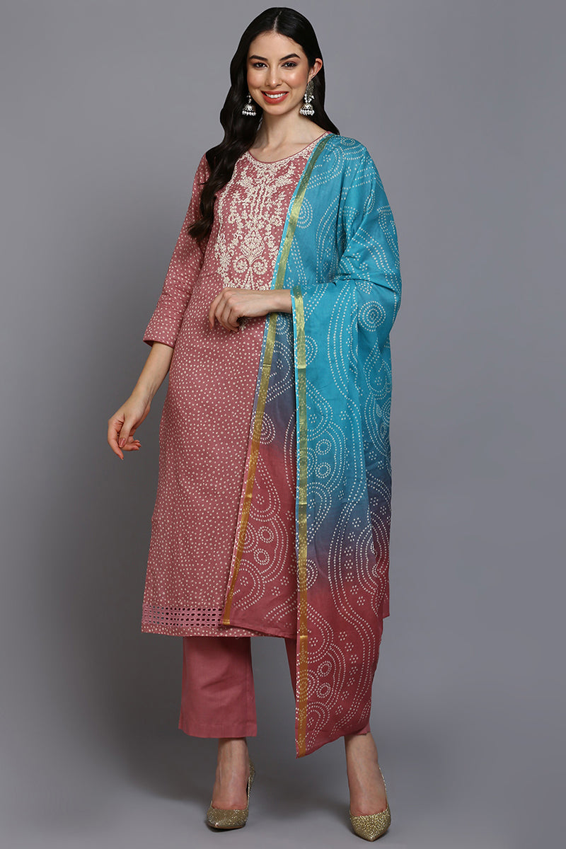 Pink Cotton Bandhani Straight Suit Set VKSKD1875