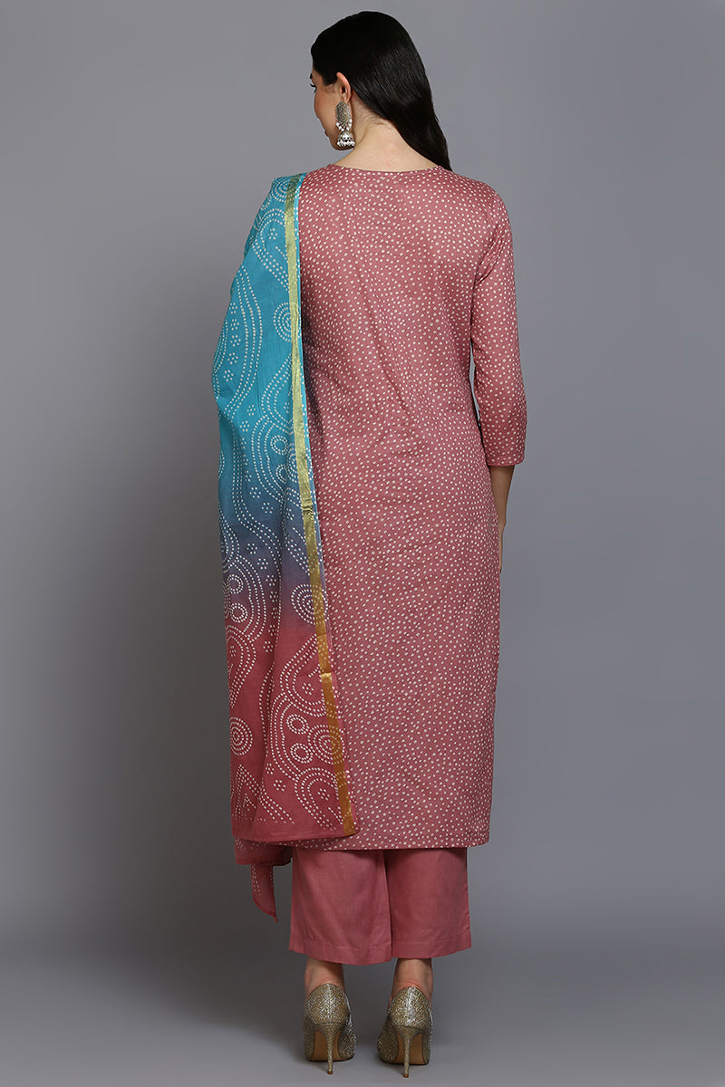 Pink Cotton Bandhani Straight Suit Set VKSKD1875
