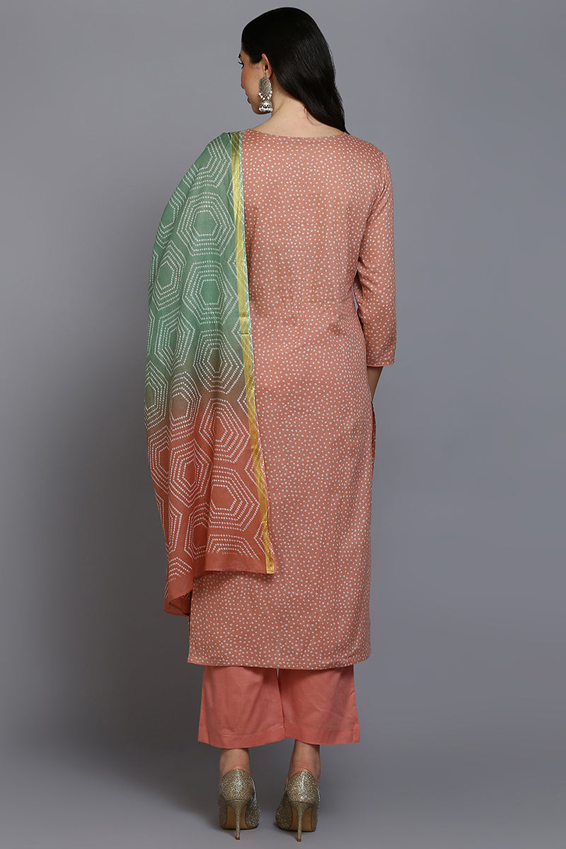 Peach Cotton Bandhani Straight Suit Set VKSKD1876