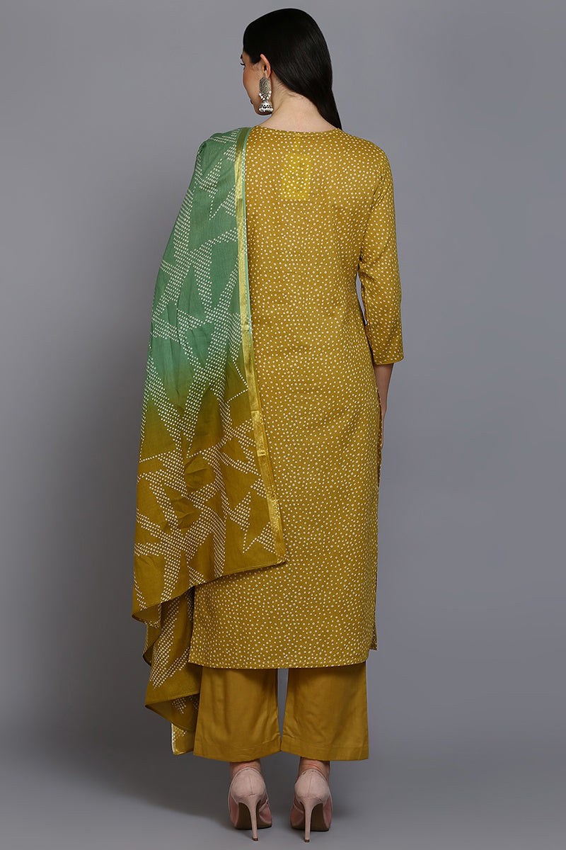 Mustard Cotton Bandhani Straight Suit Set VKSKD1877