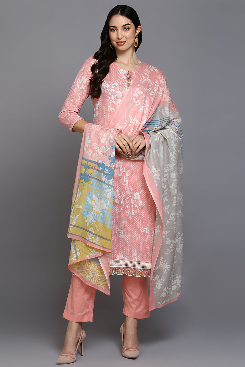 Peach Cotton Blend Ethnic Motifs Straight Suit Set VKSKD1879