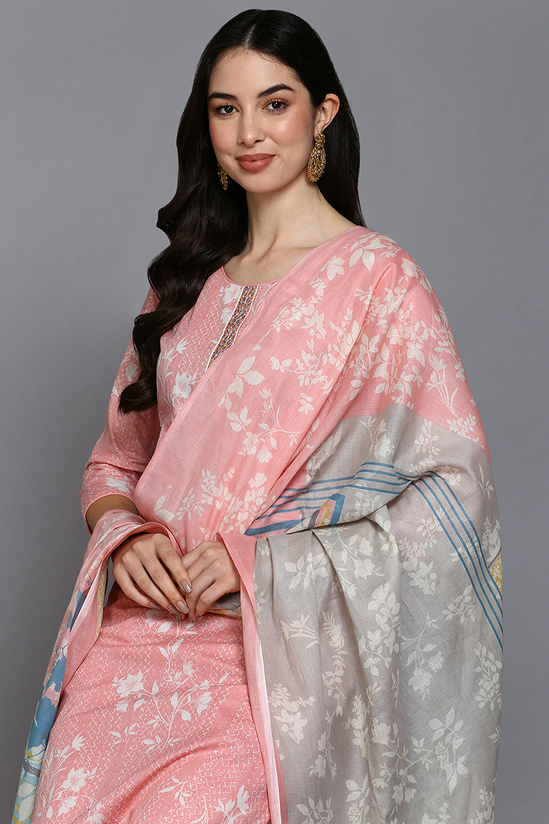 Peach Cotton Blend Ethnic Motifs Straight Suit Set VKSKD1879