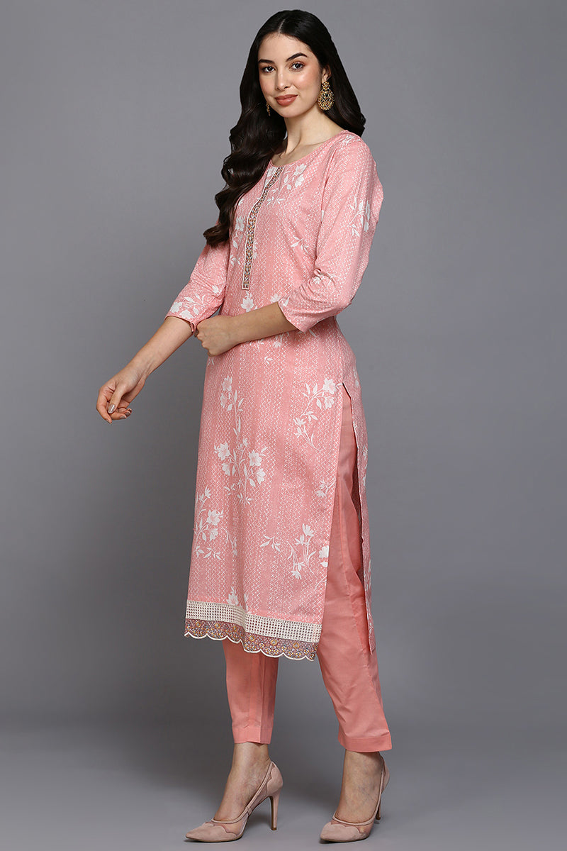 Peach Cotton Blend Ethnic Motifs Straight Suit Set VKSKD1879