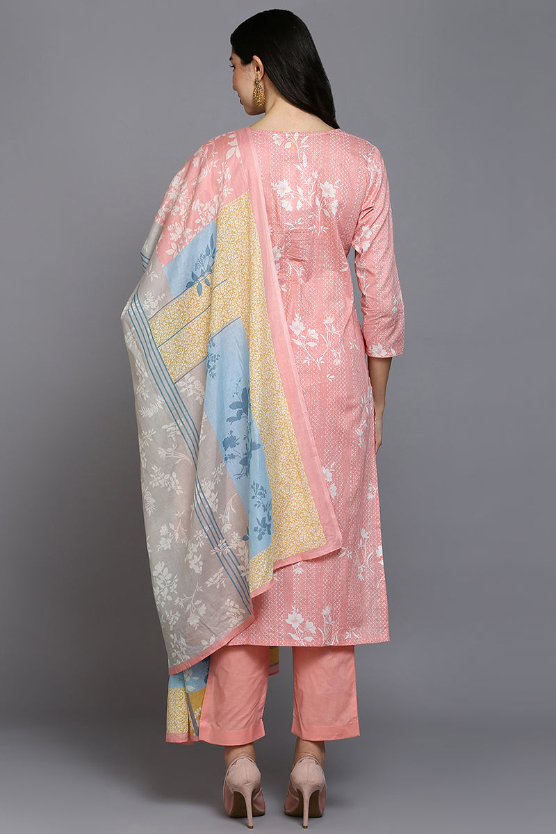 Peach Cotton Blend Ethnic Motifs Straight Suit Set VKSKD1879