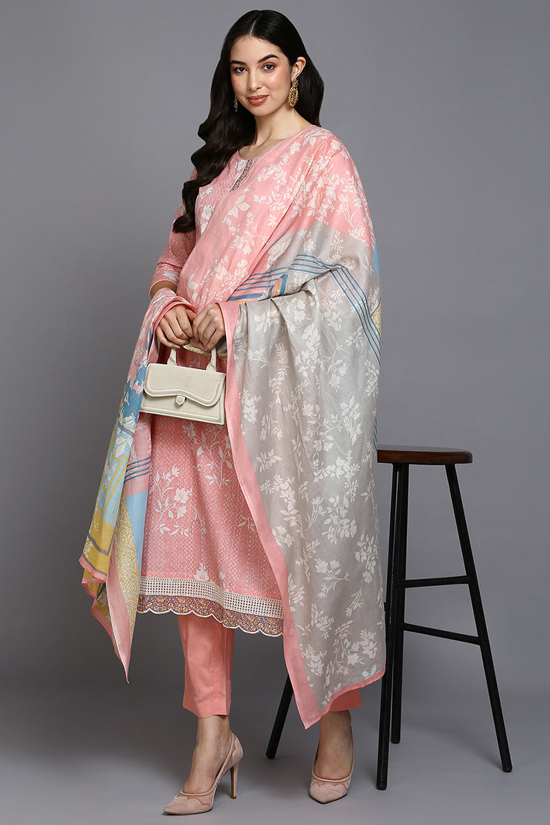 Peach Cotton Blend Ethnic Motifs Straight Suit Set VKSKD1879