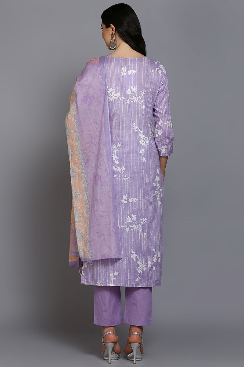 Lavender Cotton Floral Straight Suit Set VKSKD1881