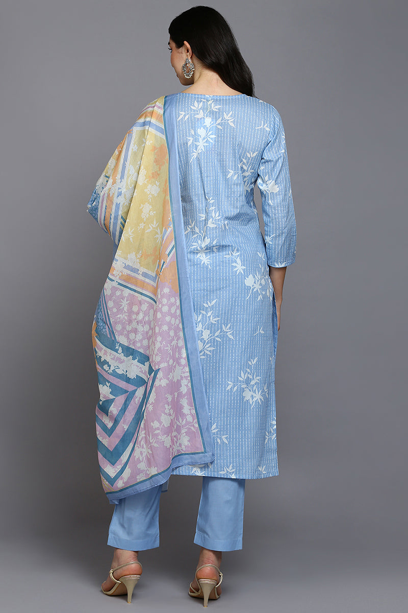 Blue Cotton Blend Ethnic Motifs Straight Suit Set VKSKD1883