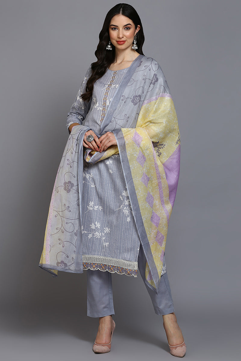 Grey Cotton Blend Floral Straight Suit Set VKSKD1884