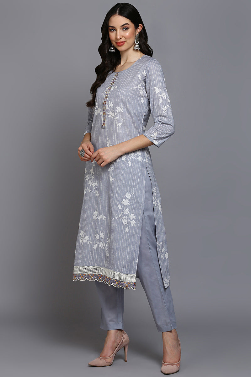 Grey Cotton Blend Floral Straight Suit Set VKSKD1884