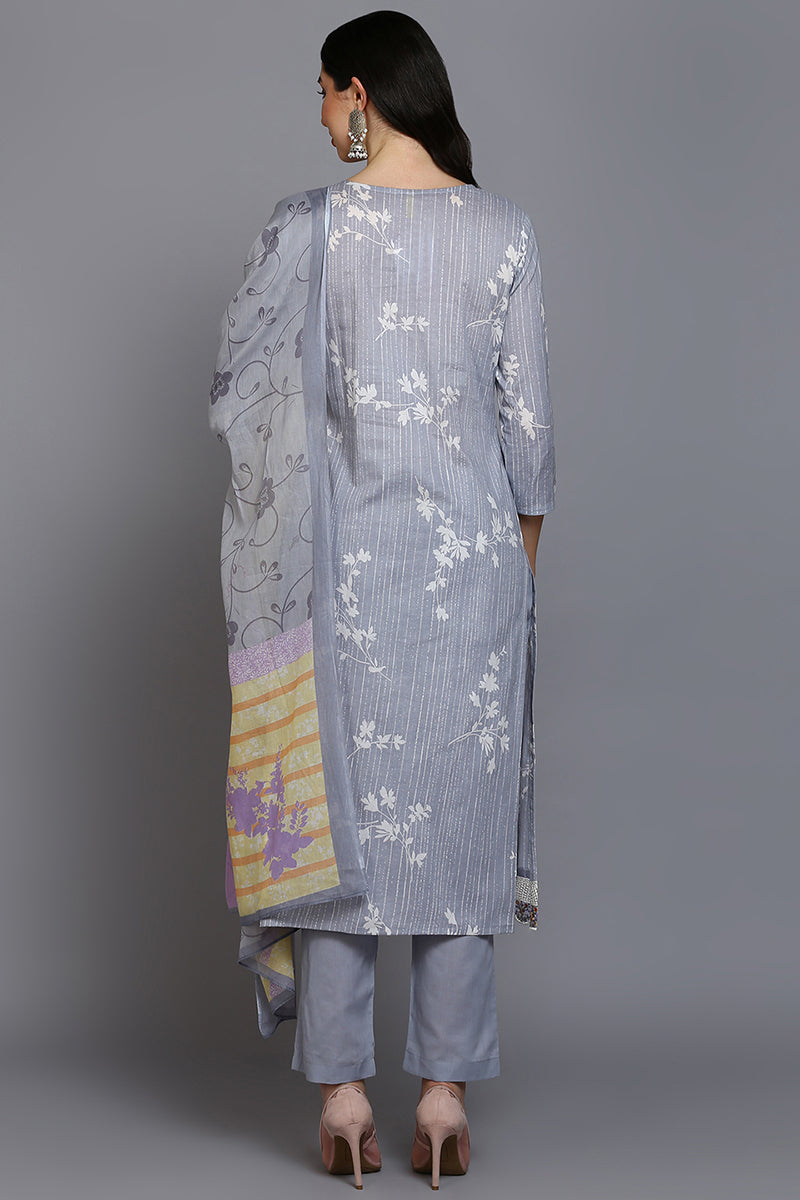 Grey Cotton Blend Floral Straight Suit Set VKSKD1884