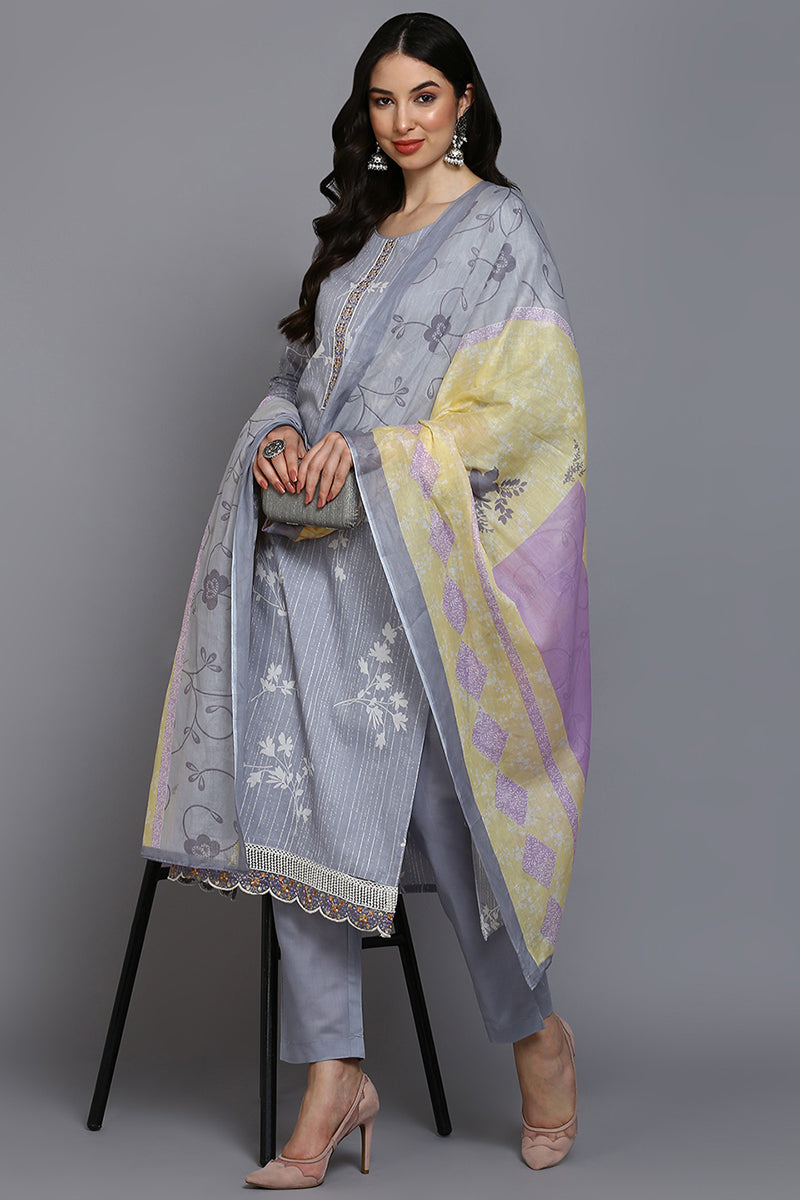 Grey Cotton Blend Floral Straight Suit Set VKSKD1884