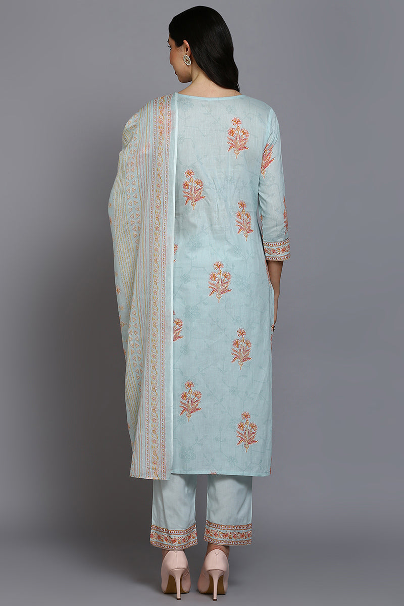 Blue Cotton Blend Floral Straight Suit Set VKSKD1886