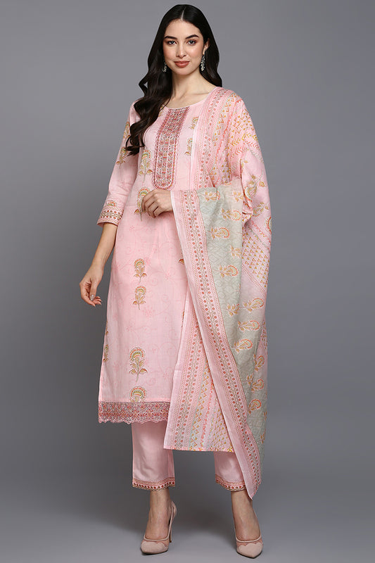 Pink Cotton Blend Floral Straight Suit Set VKSKD1889