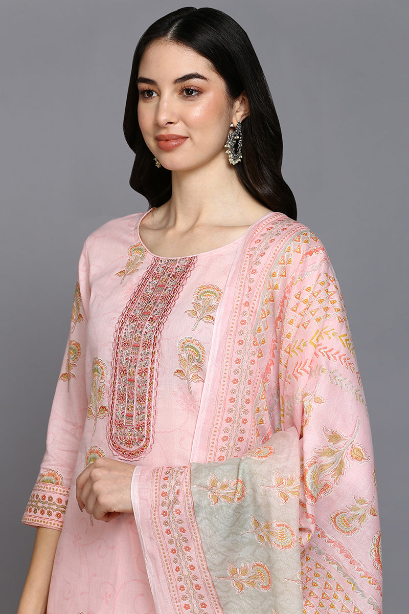 Pink Cotton Blend Floral Straight Suit Set VKSKD1889