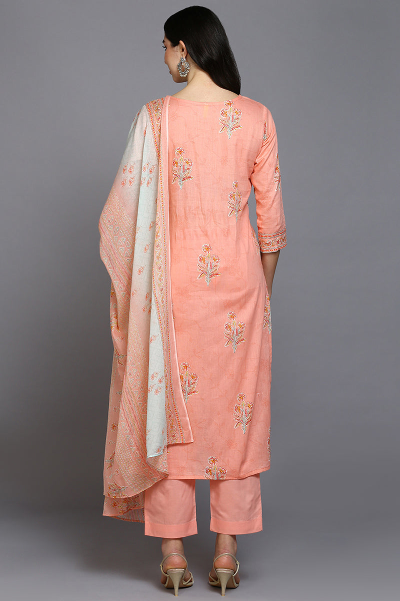Peach Cotton Blend Floral Straight Suit Set VKSKD1890