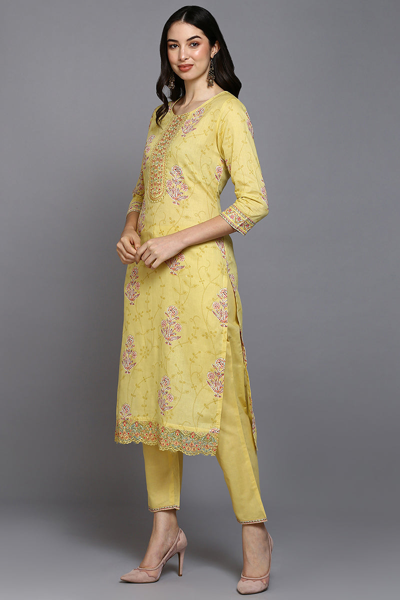 Yellow Cotton Blend Ethnic Motifs Straight Suit Set VKSKD1892