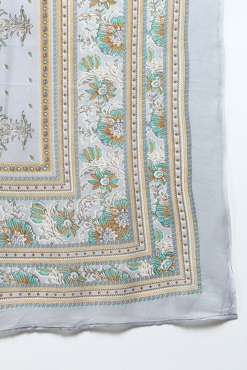 Blue Cotton Blend Floral Straight Suit Set VKSKD1899