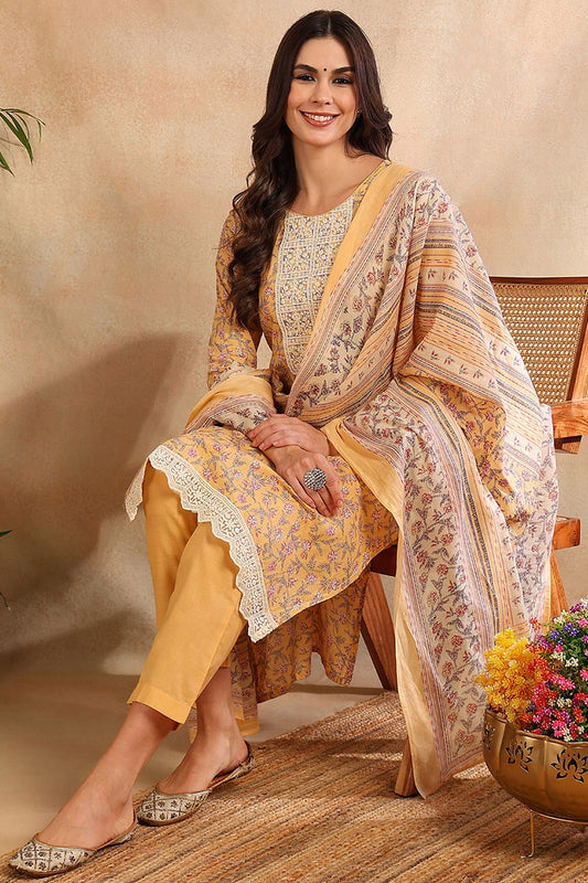 Cotton Blend Peach Printed Straight Kurta Pant With Dupatta VKSKD1901