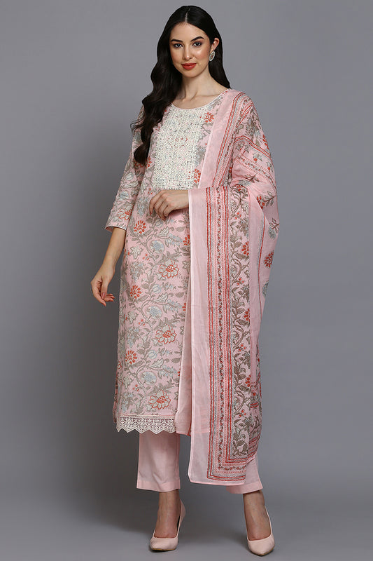 Pink Cotton Blend Floral Straight Suit Set VKSKD1904