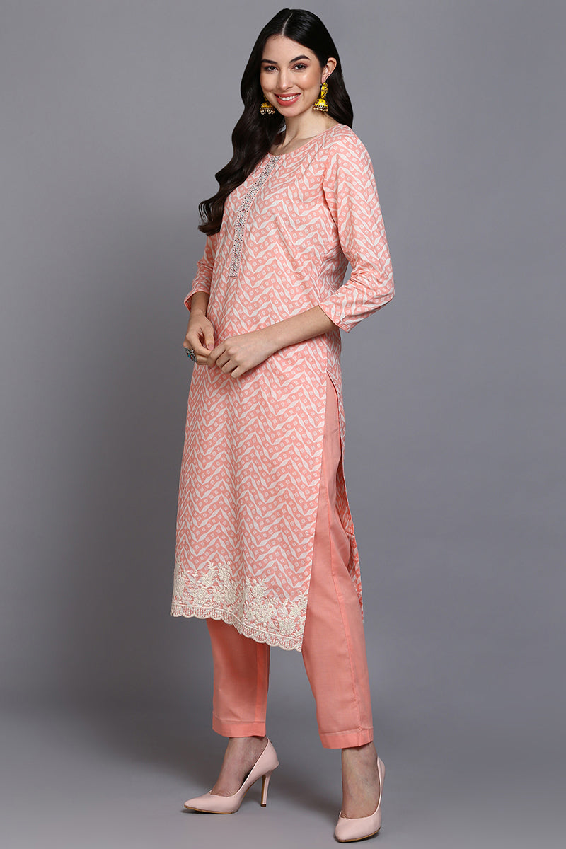 Cotton Peach Printed Straight Kurta Pant With Dupatta VKSKD1907