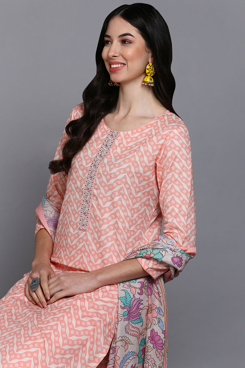 Cotton Peach Printed Straight Kurta Pant With Dupatta VKSKD1907