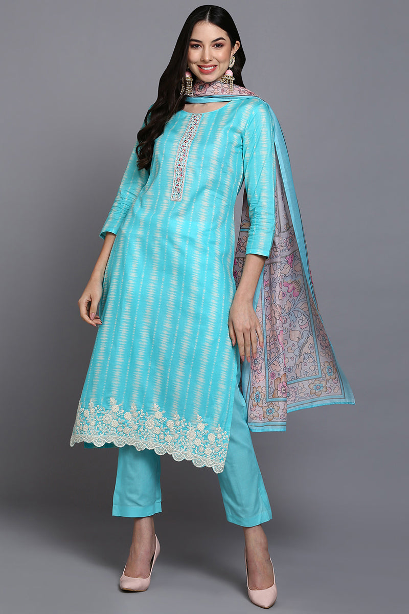 Rayon Turquoise Blue Printed Rayon Straight Kurta Pant With Dupatta VKSKD1908