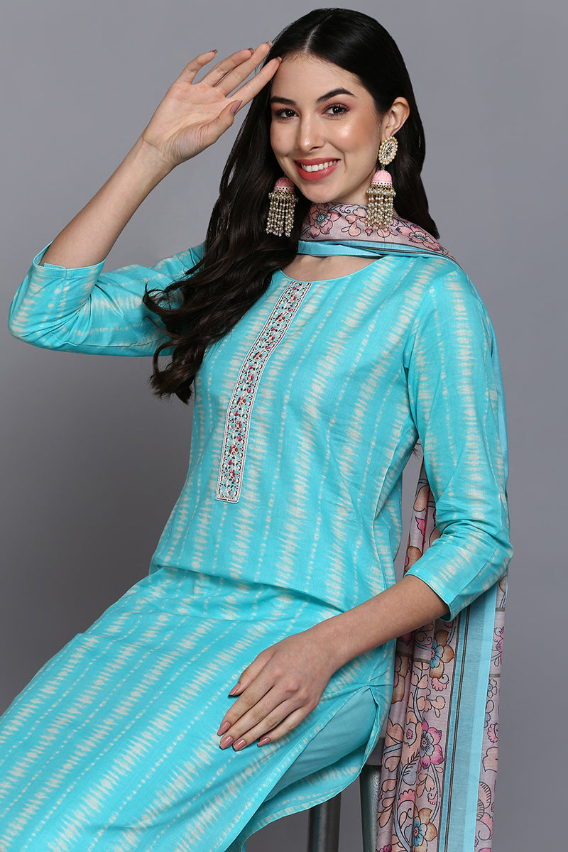 Rayon Turquoise Blue Printed Rayon Straight Kurta Pant With Dupatta VKSKD1908