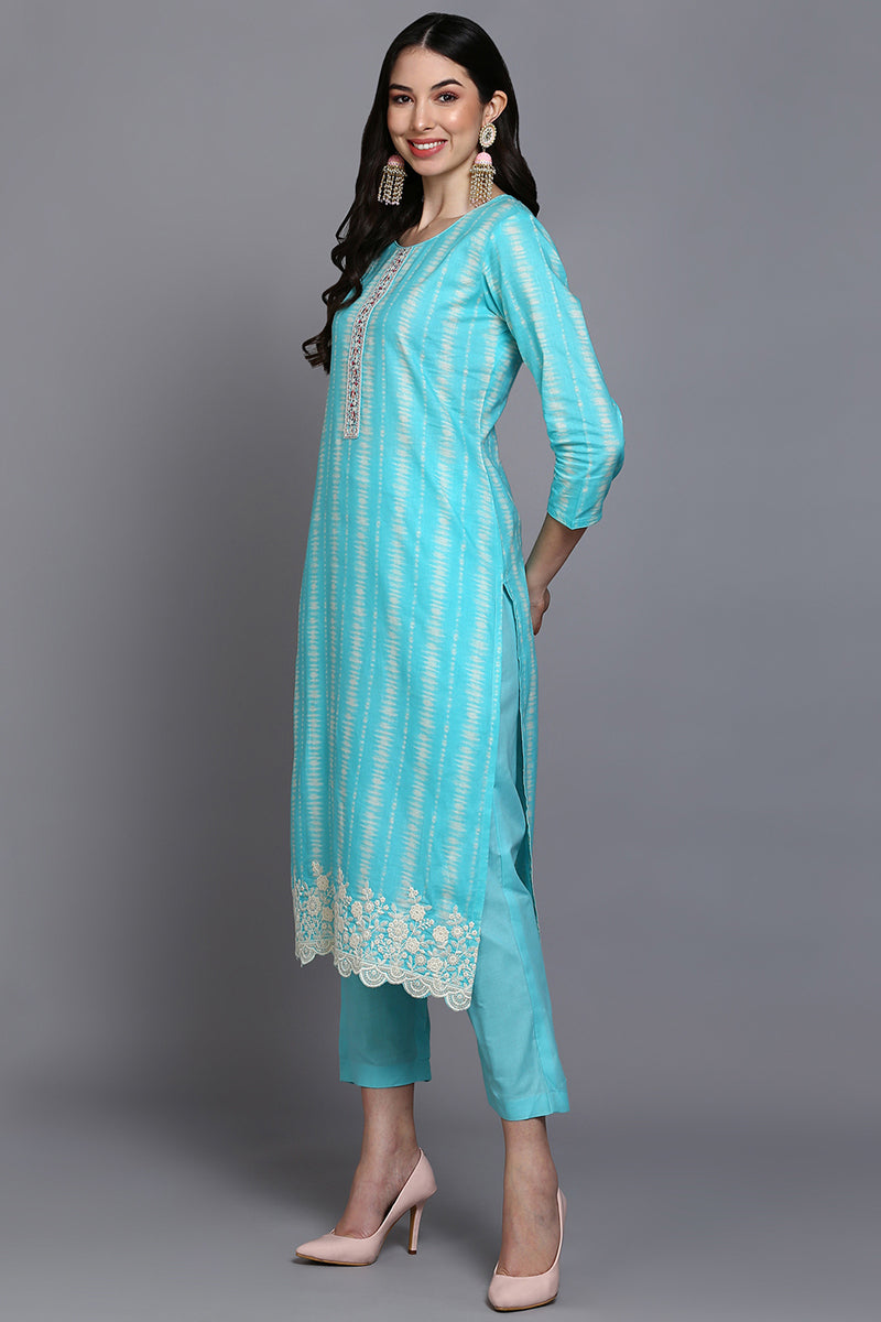 Rayon Turquoise Blue Printed Rayon Straight Kurta Pant With Dupatta VKSKD1908