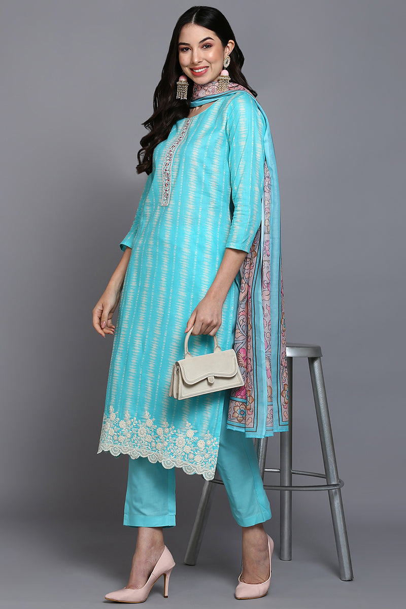 Rayon Turquoise Blue Printed Rayon Straight Kurta Pant With Dupatta VKSKD1908