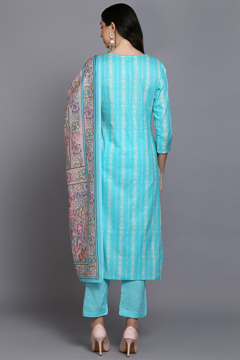 Rayon Turquoise Blue Printed Rayon Straight Kurta Pant With Dupatta VKSKD1908