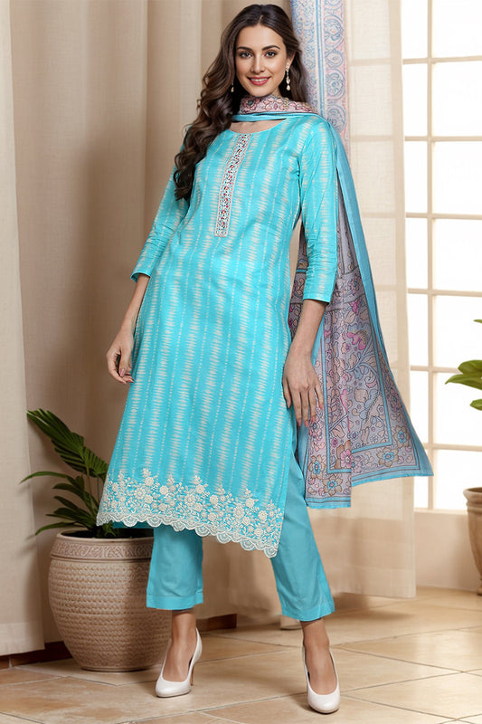 Rayon Turquoise Blue Printed Rayon Straight Kurta Pant With Dupatta VKSKD1908