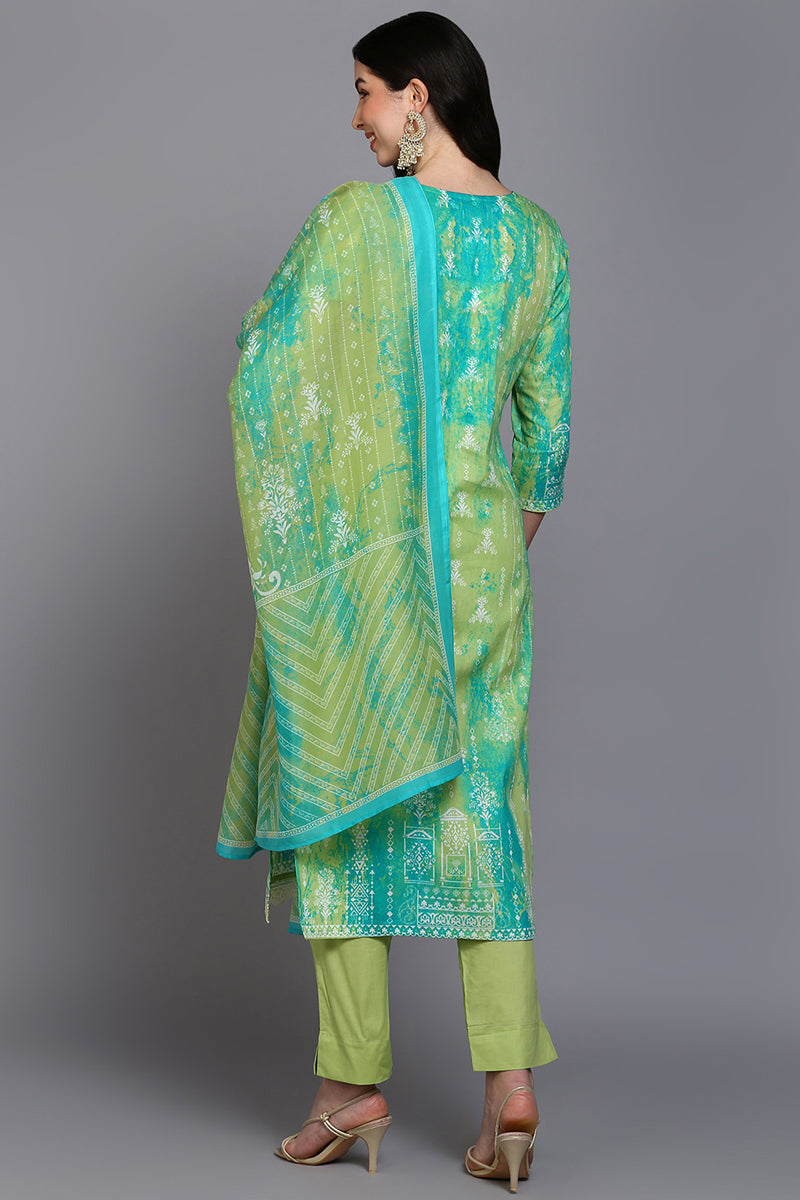 Cotton Green Printed Straight Kurta Pant With Dupatta VKSKD1915