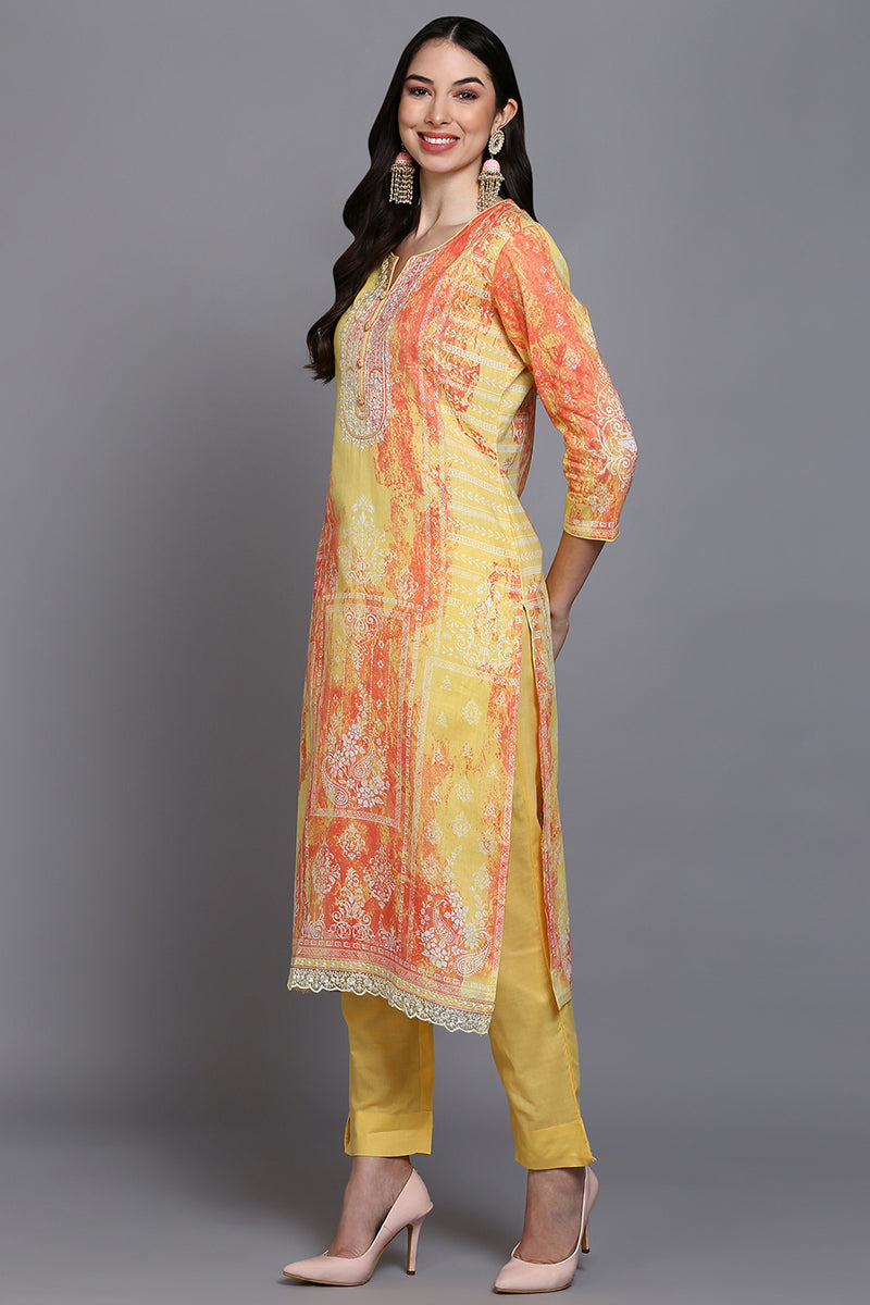 Cotton Yellow Printed Straight Kurta Pant With Dupatta VKSKD1916