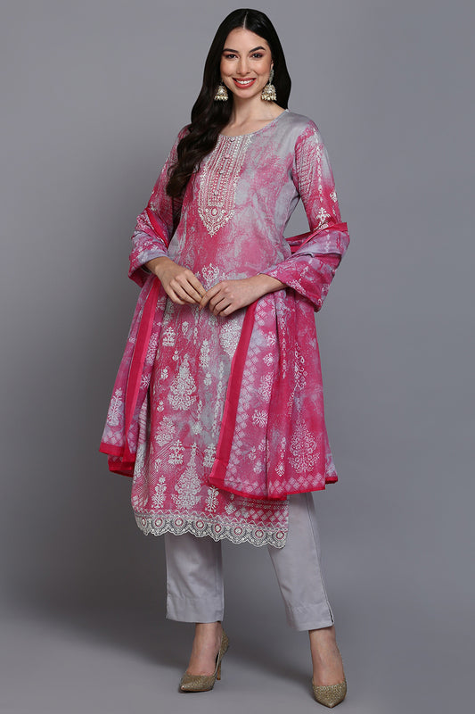 Cotton Grey Printed Straight Kurta Pant With Dupatta VKSKD1921