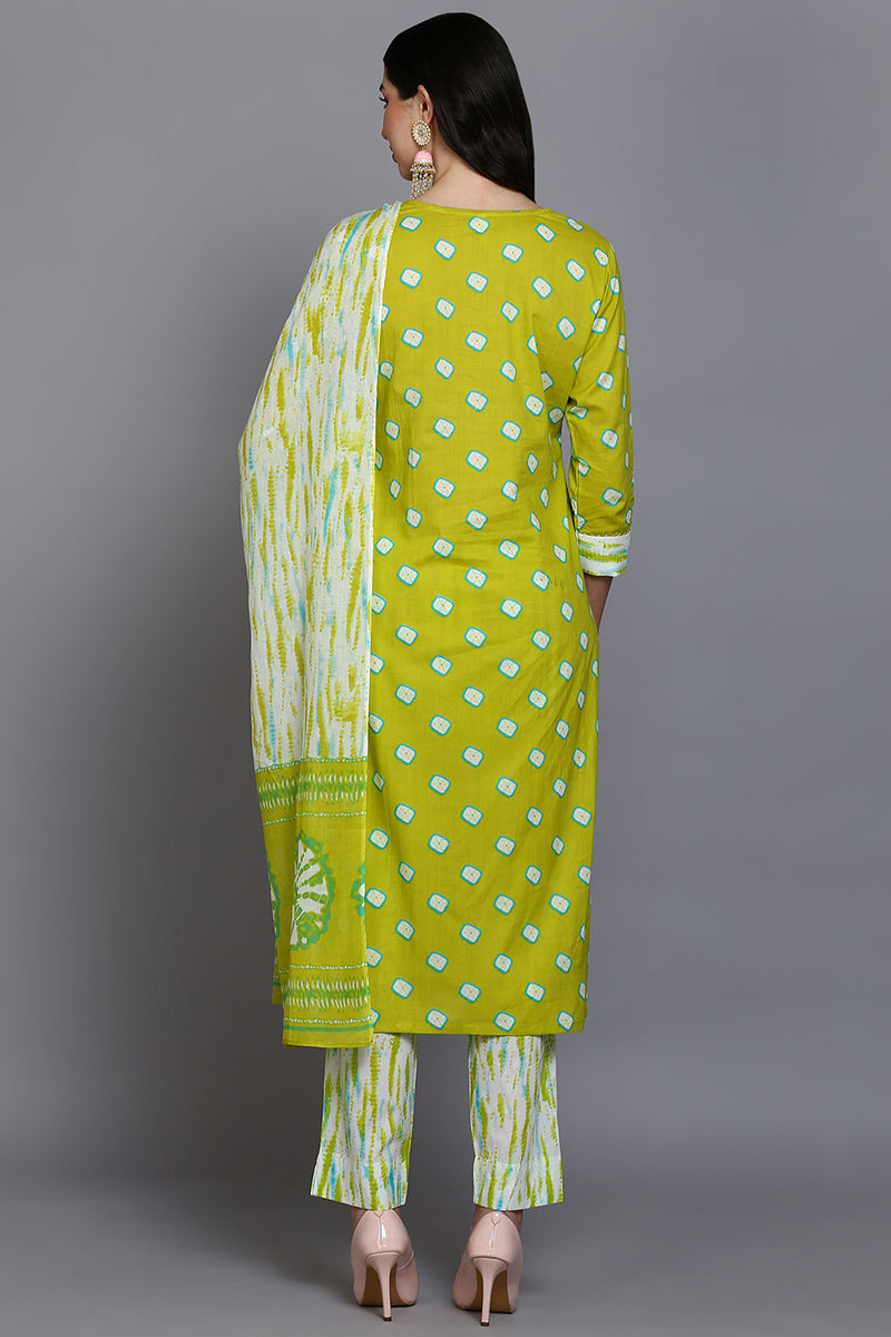 Cotton Green Bandhani Printed Straight Kurta Pant With Dupatta VKSKD1924