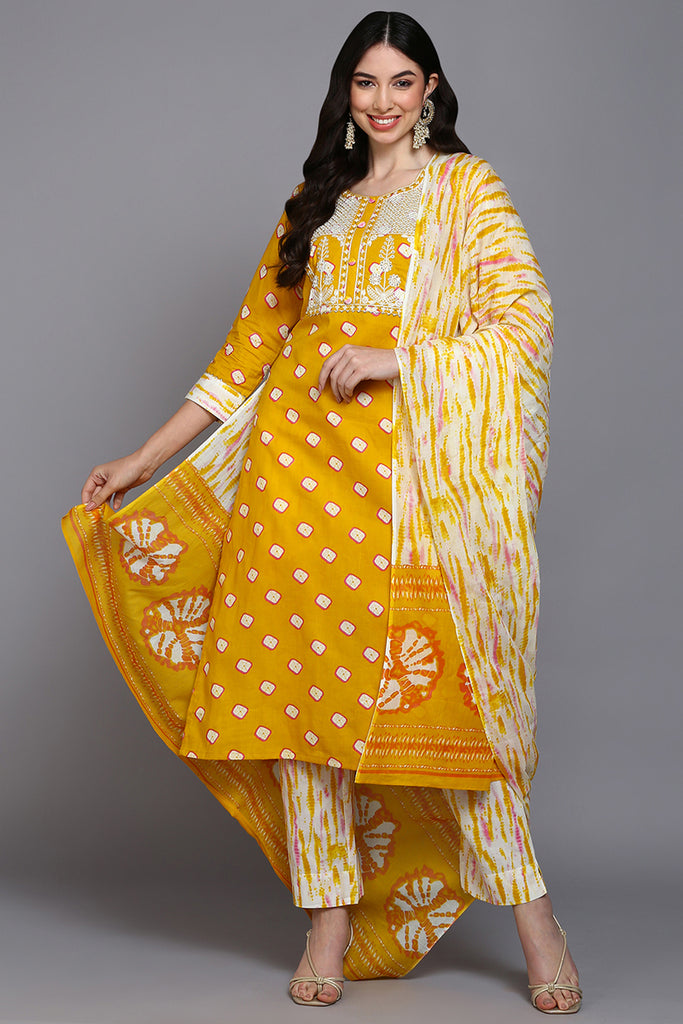 邦楽 ko-pan-da Cotton Yellow Bandhani Printed Straight Kurta Pant With