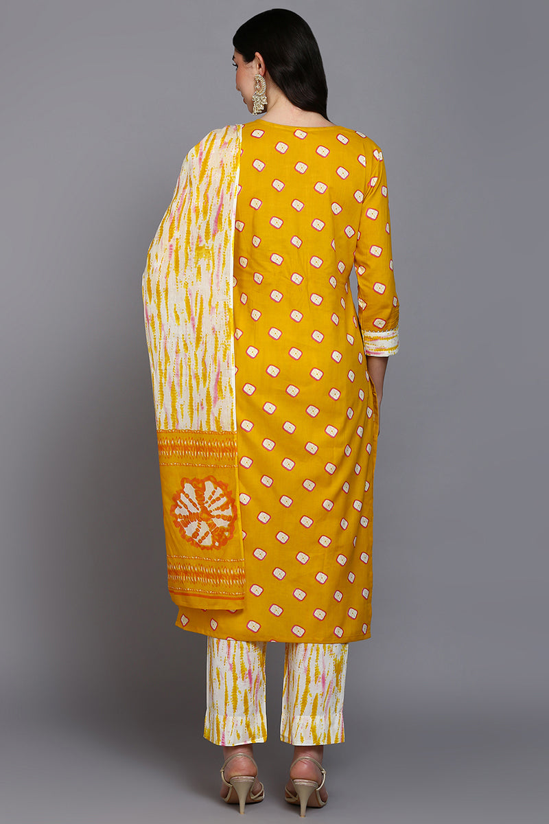 Cotton Yellow Bandhani Printed Straight Kurta Pant With Dupatta VKSKD1926