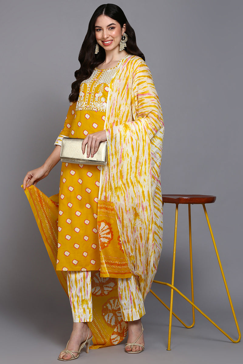 Cotton Yellow Bandhani Printed Straight Kurta Pant With Dupatta VKSKD1926