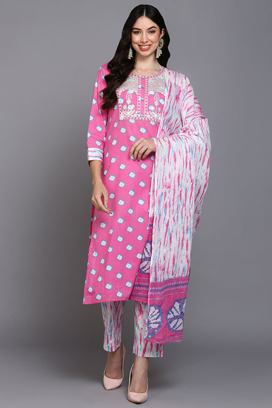 Cotton Pink Bandhani Printed Straight Kurta Pant With Dupatta VKSKD1927