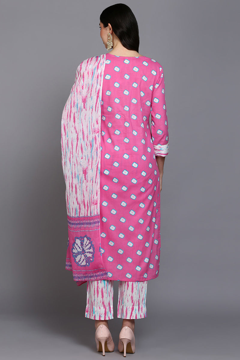 Cotton Pink Bandhani Printed Straight Kurta Pant With Dupatta VKSKD1927
