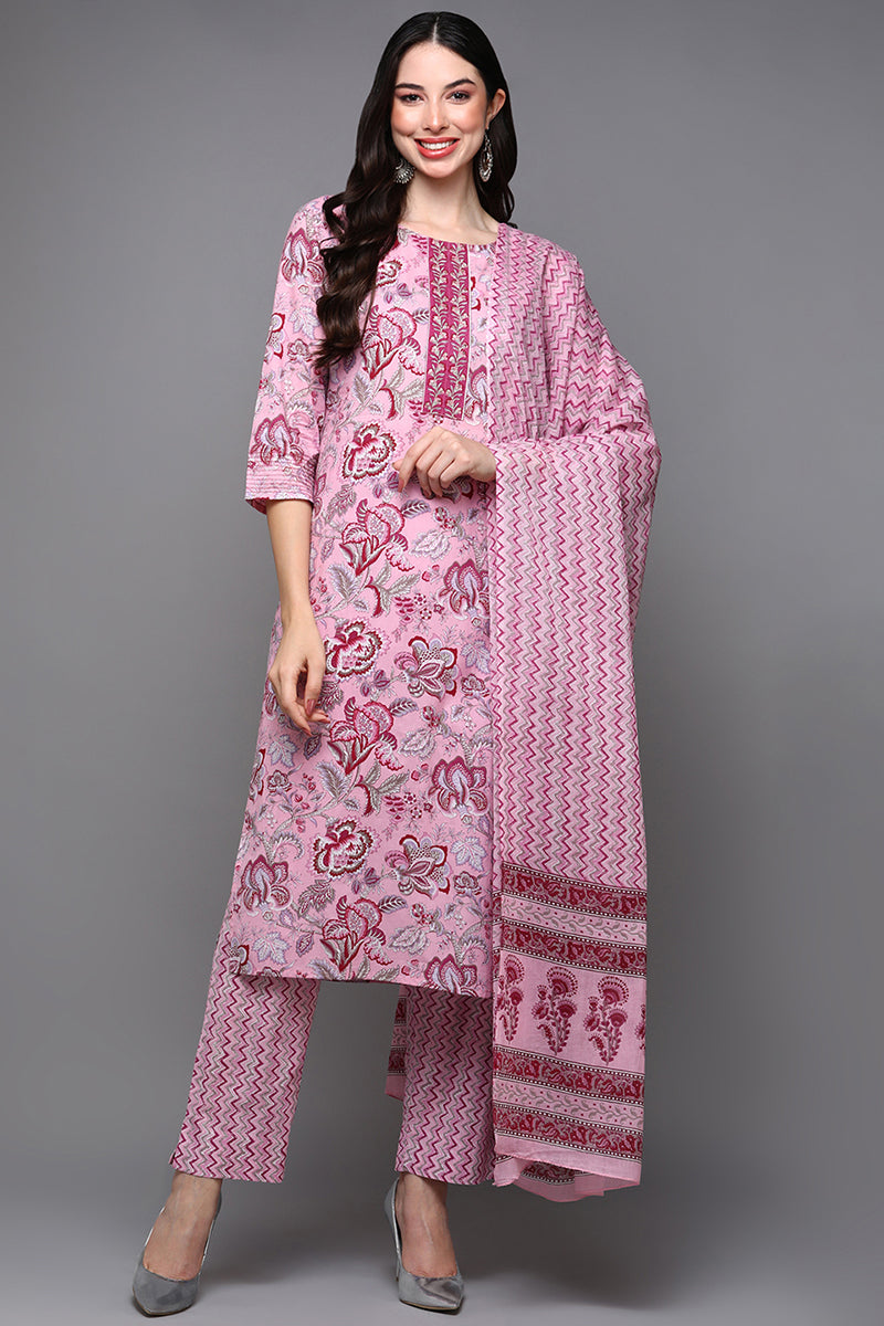 Pink Pure Cotton Floral Straight Suit Set VKSKD1928