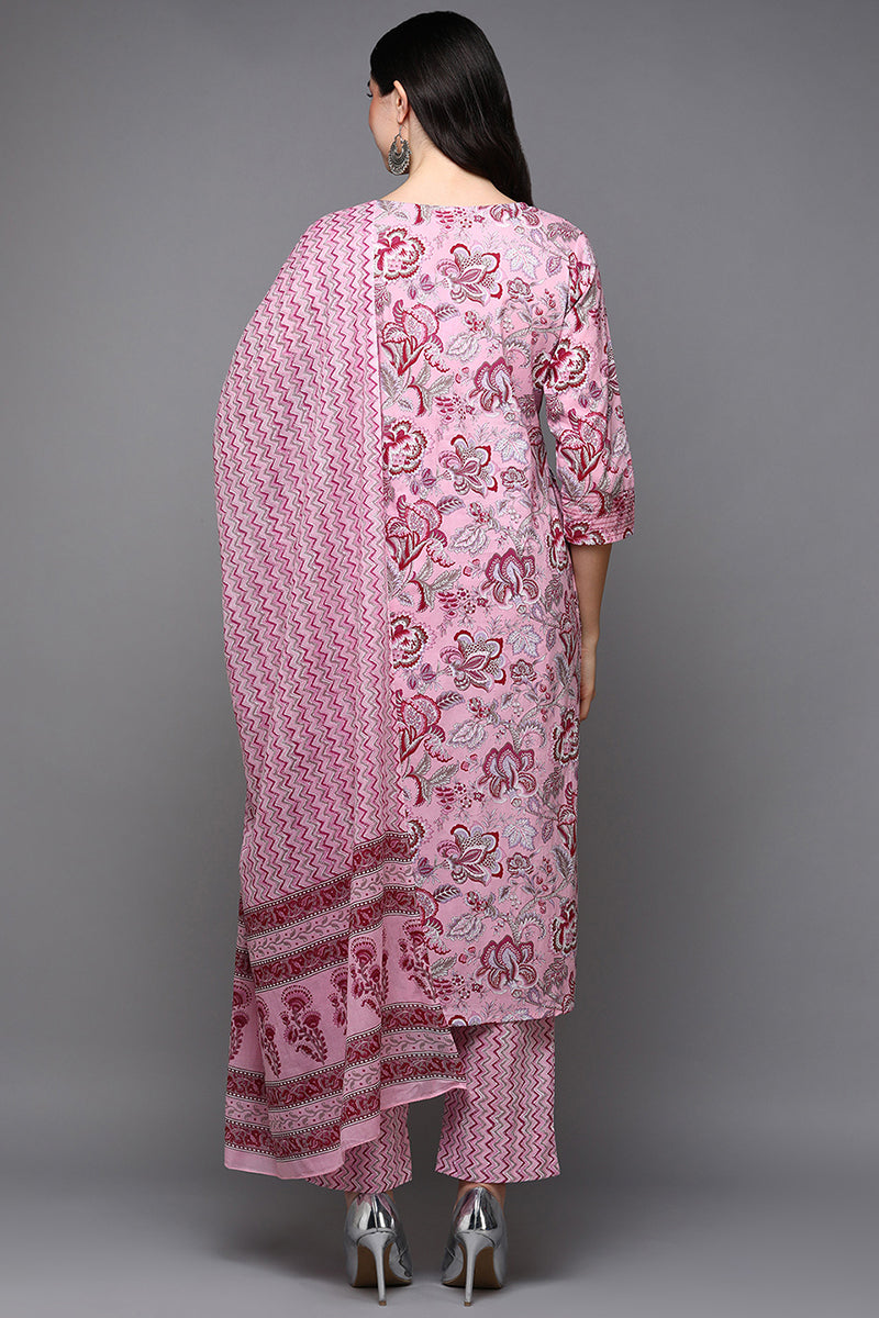 Pink Pure Cotton Floral Straight Suit Set VKSKD1928