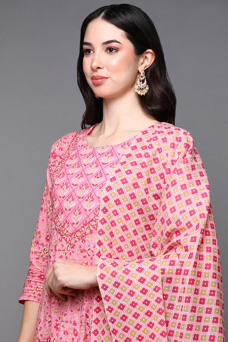 Pink Pure Cotton Floral Anarkali Suit Set VKSKD1930
