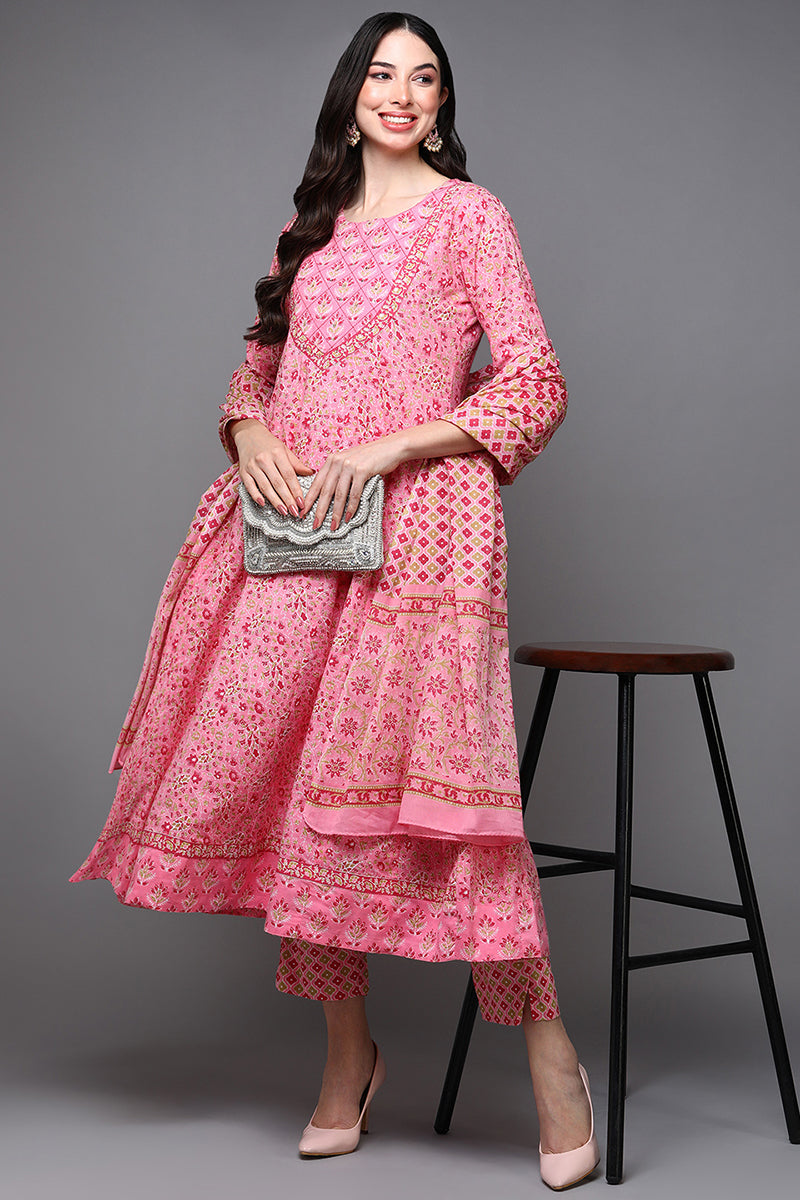 Pink Pure Cotton Floral Anarkali Suit Set VKSKD1930