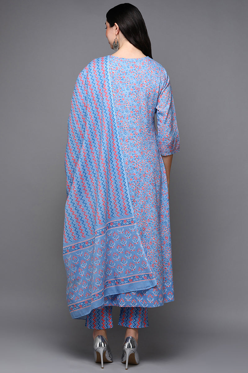 Blue Pure Cotton Ethnic Motifs Anarkali Suit Set VKSKD1931