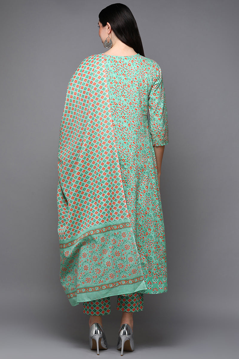 Green Pure Cotton Ethnic Motifs Anarkali Suit Set VKSKD1932